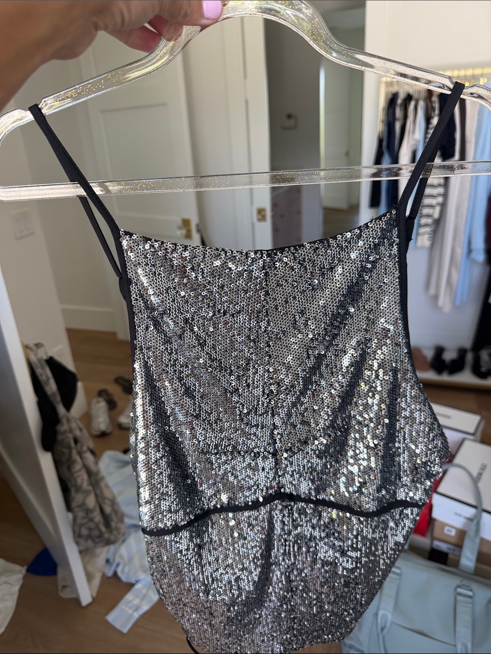 Free People Silver Sequin Spaghetti Strap Mini cami